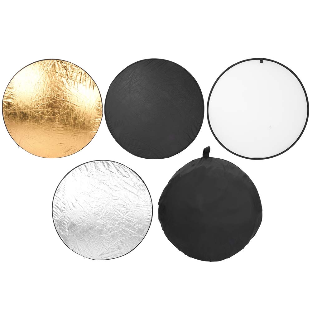 Pannello riflettente pieghevole 5 in 1 in tessuto riflettente rotondo con doppia maniglia, luce di riempimento fotografica con luce soffusa argento oro nero bianco, riflettore (110 cm)