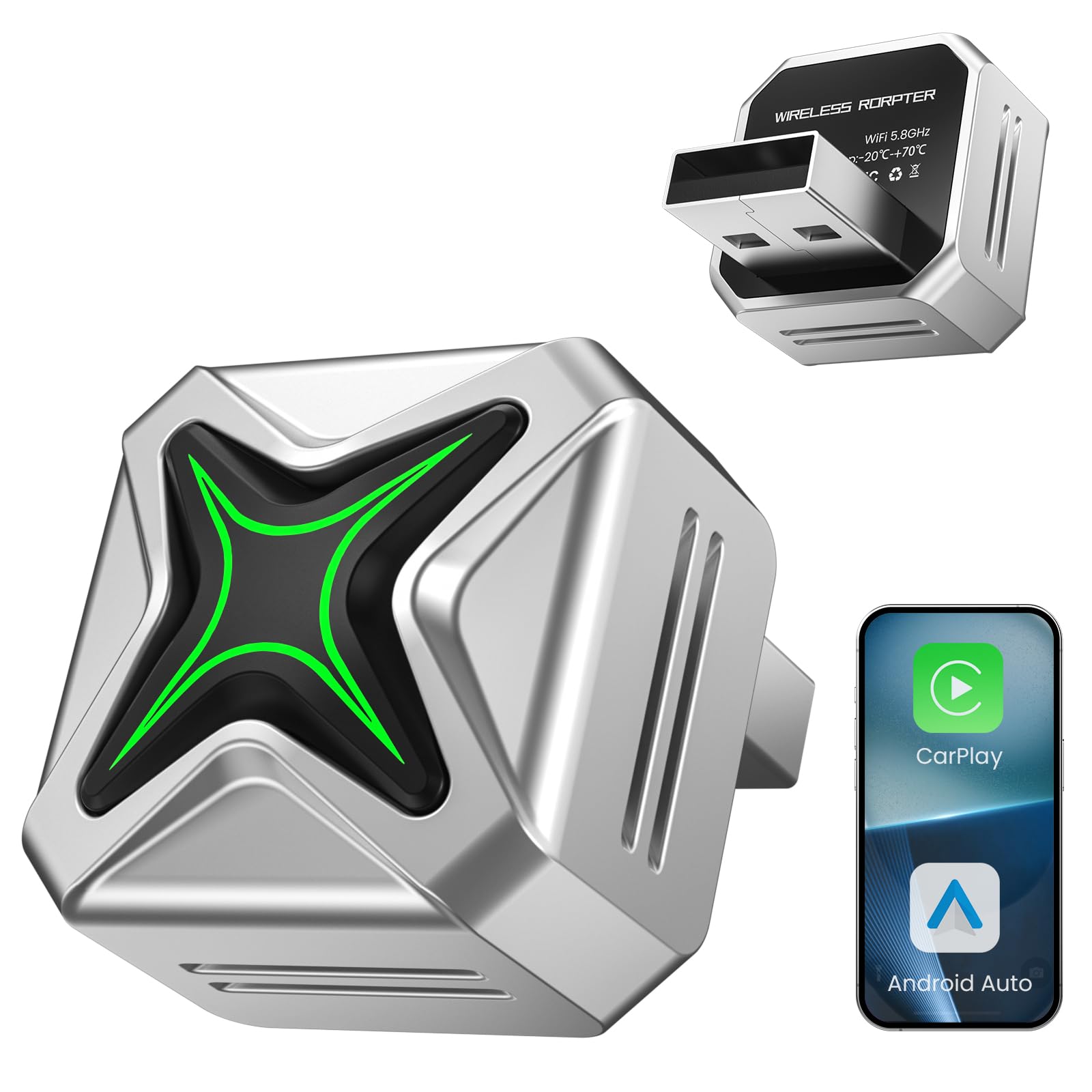 Adaptateur CarPlay sans Fil, 2-en-1 Dongle, Android Auto, Plug & Play | Convertit Filaire en Sans Fil, Changer d'Utilisateur en Un Clic, pour Voiture à partir de 2016, iOS 10+ et Android 11+