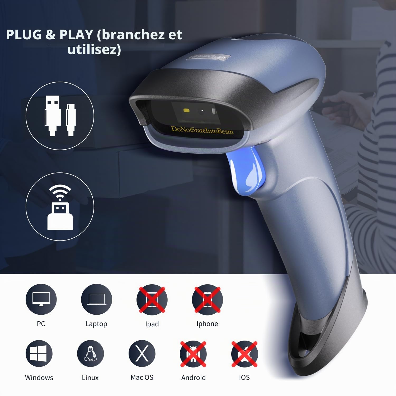 NetumScan 1D 2D QR Barcode Scanner 2.4G Wireless USB Wired Barcode Reader Scan DataMatrix Compatible avec Computer Laptop Windows OS PC for Warehouses Supermarket M8