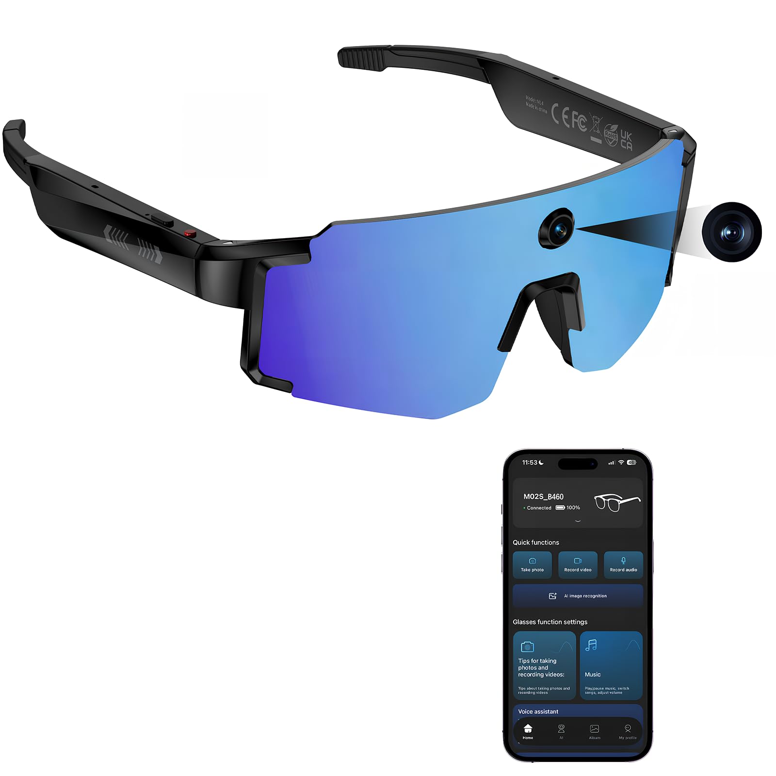 Gafas Inteligentes con Cámara de 8MP, Gafas de Sol Bluetooth para Ciclismo | Protección UV400,139 Idiomas para Traducción, Control de Voz, Cancelación de Ruido ENC, para Deportes Al Aire Libre