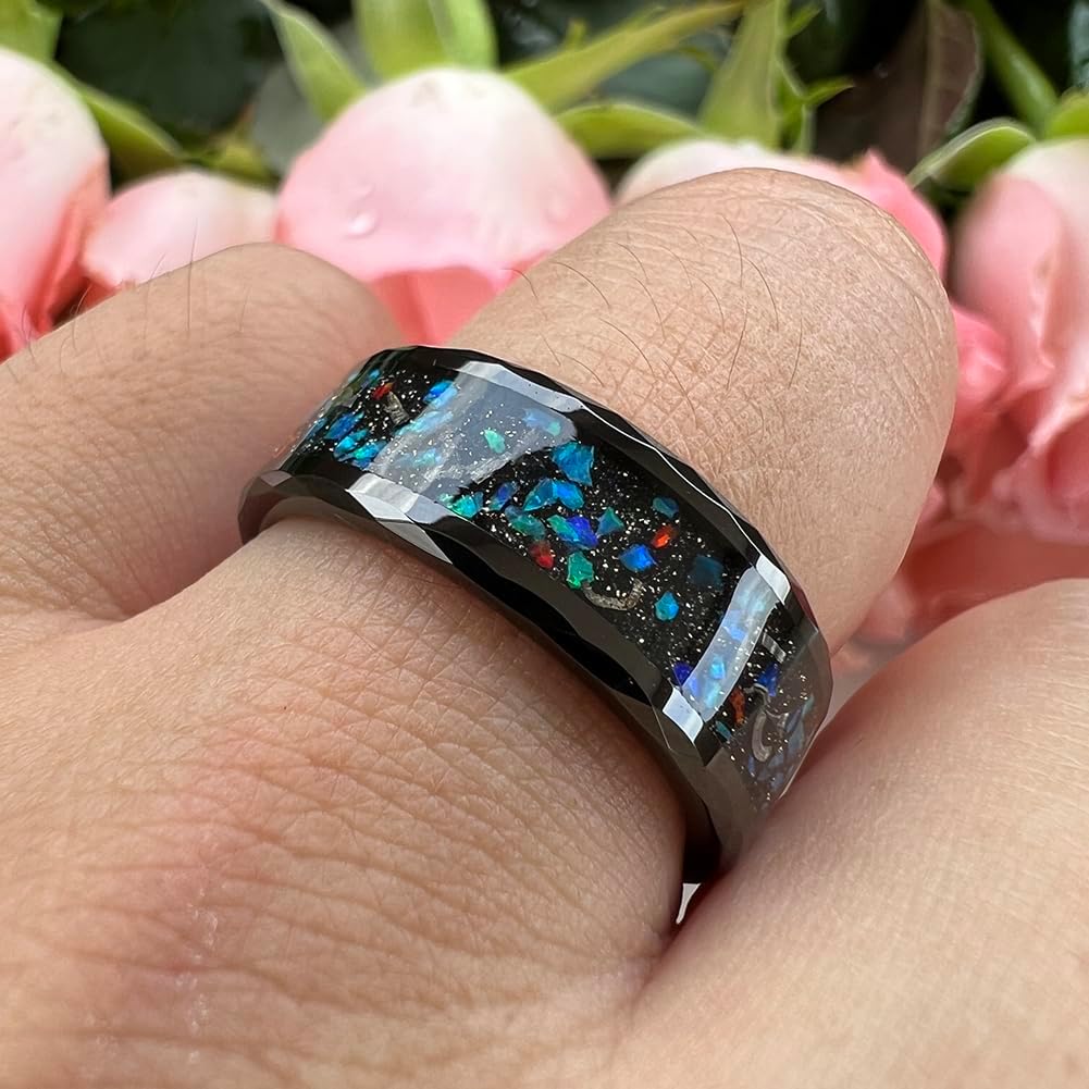TUTISS 8mm Silver/Black/Gold Tungsten Rings for Men Women Meteorite Chips Gold Foil Galaxy Opal Inlay Promise Engagement Wedding Band Polished Shiny Comfort Fit