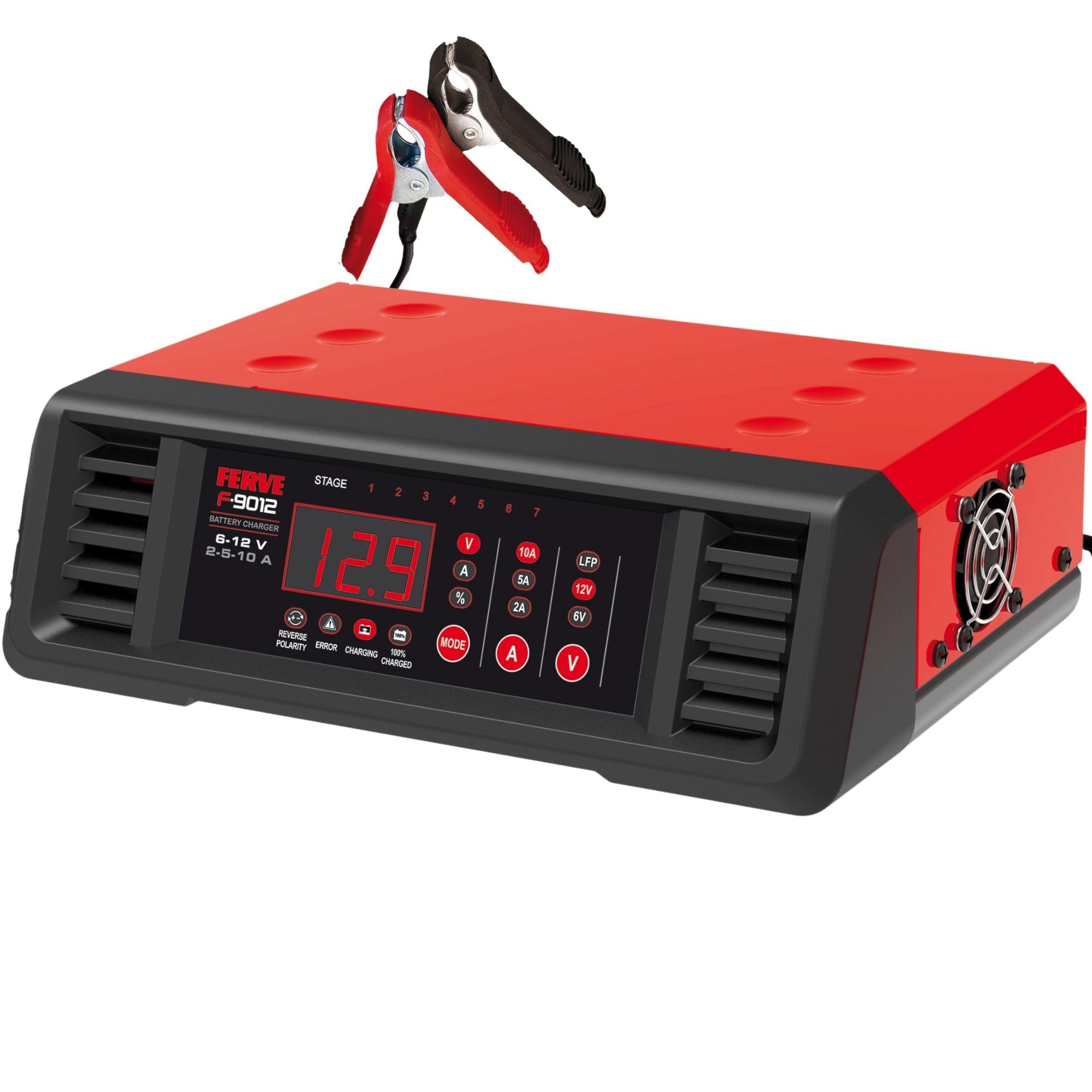 Ferve F-9012 Cargador de Bateria Automático - Mantenedor Inteligente 2-5-10A 6V/12V para Moto y Coche - Tecnología RF - Autoreinicio - con Pinzas y Terminales - para Baterias de Plomo-Ácido y Litio.
