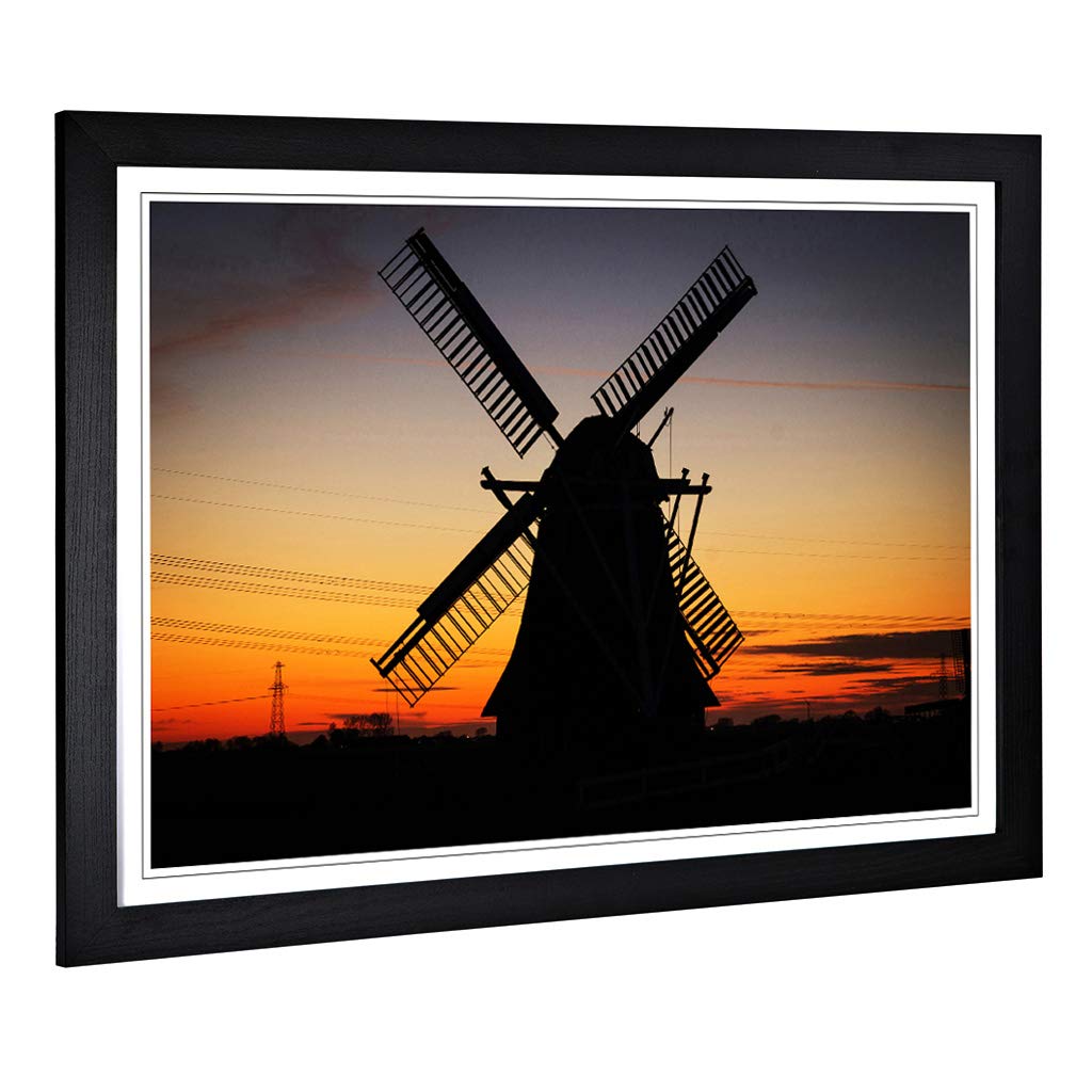 Big Box Art Framed Print of Landscape Windmill Sunset Netherlands Design | Wall Art Picture | Home Decor for Kitchen, Living Room, Bedroom, Hallway, Black, A2 / 24.5x18 Inch / 62x45cm