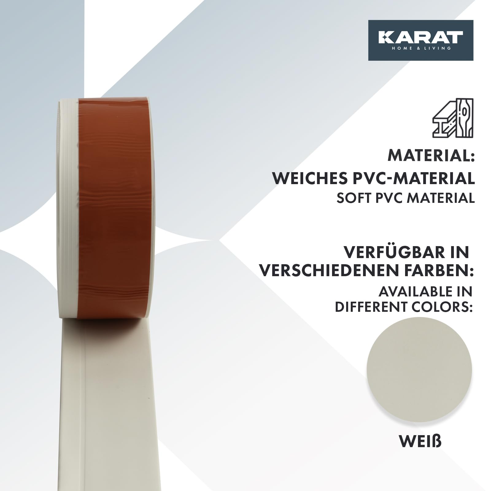 KARAT Sockelleiste Selbstklebende Rückseite - 50 x 15 mm - Küchenleiste, Knickleiste individuell zuschneidbar - Weichsockelleiste aus PVC, Oslo (Weiß, Länge: 25 Meter)