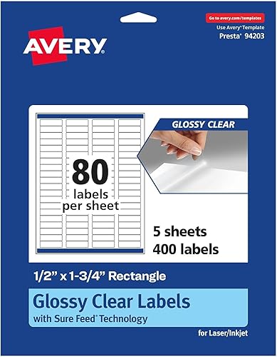 Avery Etiquetas rectangulares transparentes brillantes con alimentación segura, 5 x 1.75 pulgadas, 400 etiquetas transparentes brillantes, etiquetas