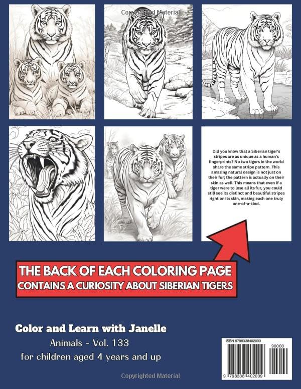 50 Siberian Tigers Coloring Pages Book for Kids and Adults: +50 Amazing Facts about Siberian Tigers. Coloring Book for Children and Grown-Ups. Color ... 133 (Color and learn with Janelle - Animals) image 3