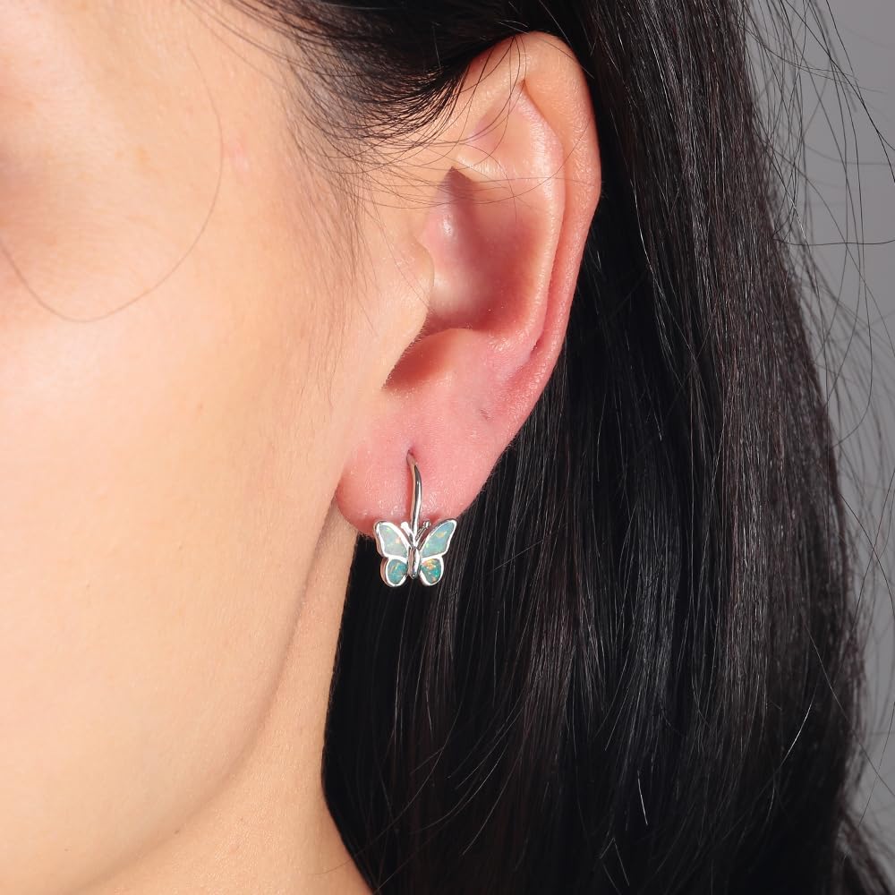 Opal Butterfly Earrings Gold Plated or Rose Gold Plated Leverback Earrings Cute Jewelry Huggie Hoop Earrings for Women Girls - Image 6