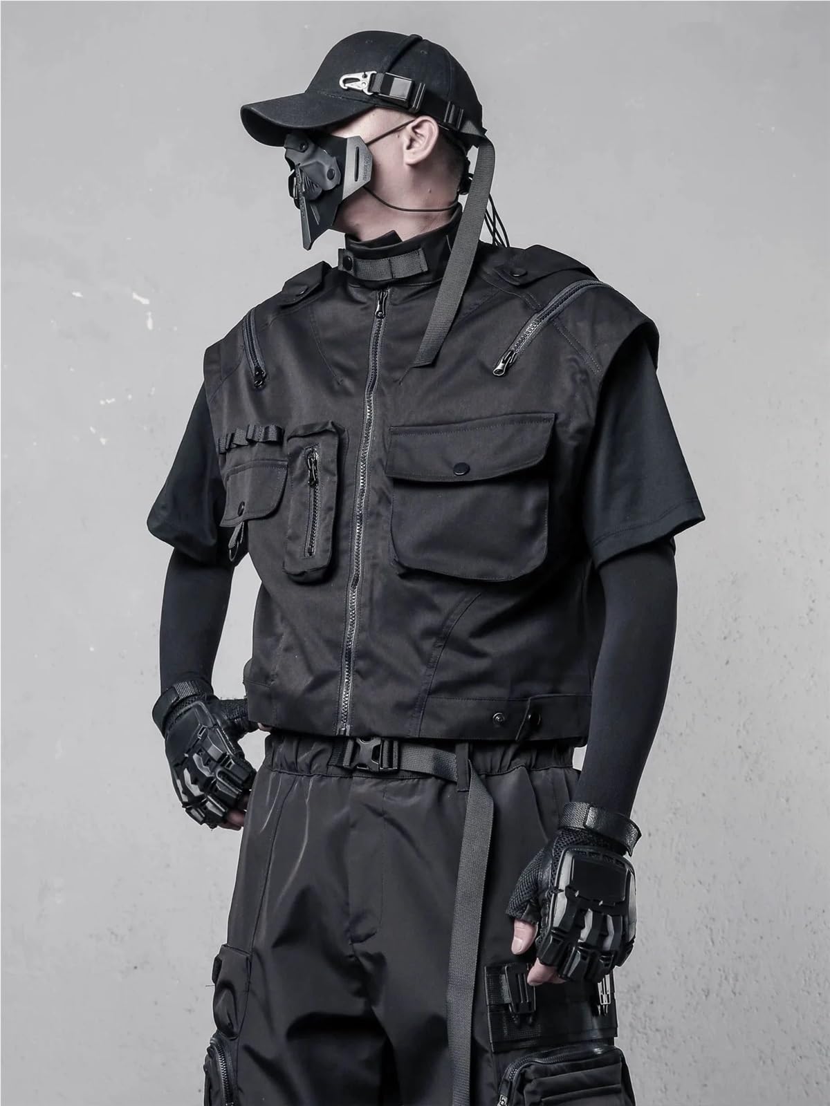 Multi Pocket Weste Multi Taschen Techwear Cargo Weste Mann Hip Hop Kurze Weste High Street Casual Ärmellose Jacken Für Jagd Angler Camping Wandern(L)