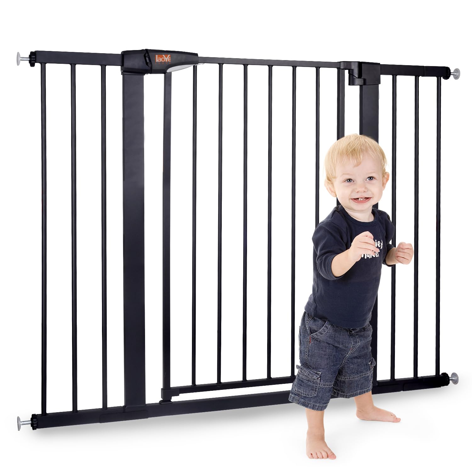 LAOYE cancelletto per bambini, Cancelletto per scale senza trapano, altezza extra alta 76 cm, larghezza 75-124 cm con 3 estensioni, per bambini, cani gatti, chiusura automatica arresto a 90°-Nero