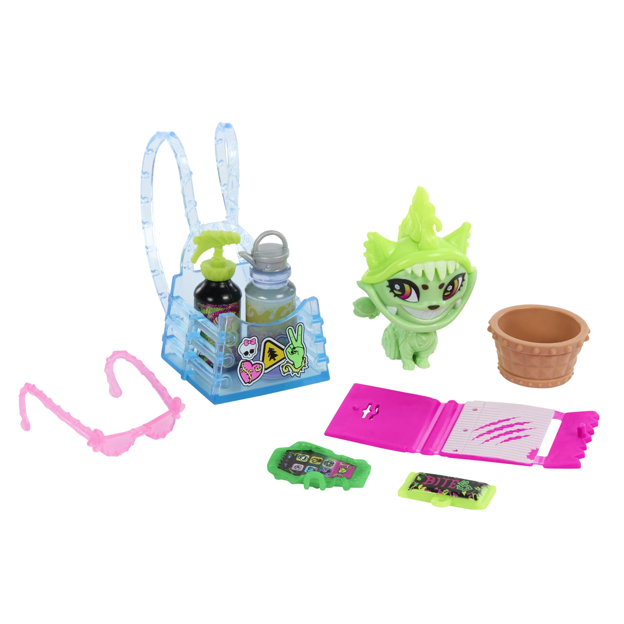 Monster High Venus McFlytrap Lalka + kotek Chewlian oraz akcesoria, takie jak plecak, notes i „przekąski”, HRP81