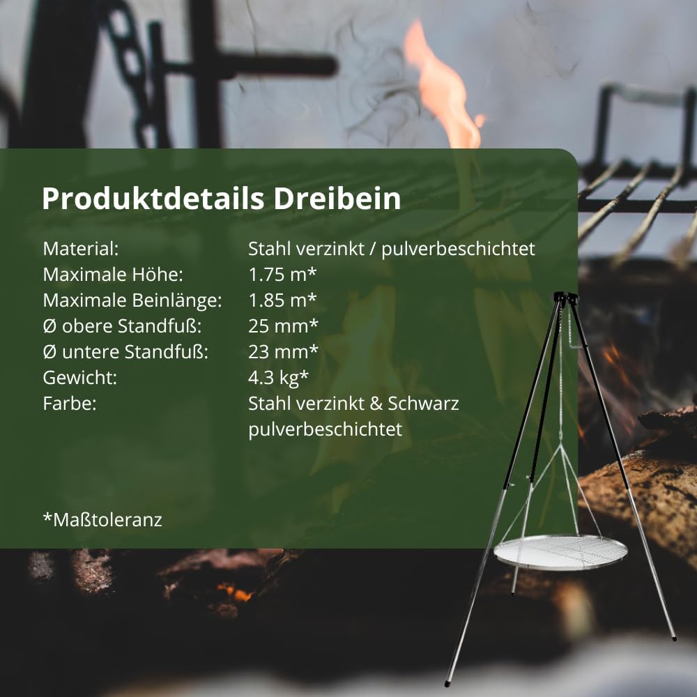 HeRo24 Dreibein Grillgestell T-180 robustes Schwenkgrill Gestell aus Stahl höhenverstellbar, stabil & leicht aufzubauen Schwenker ohne Grillrost für Outdoor, Camping & Garten