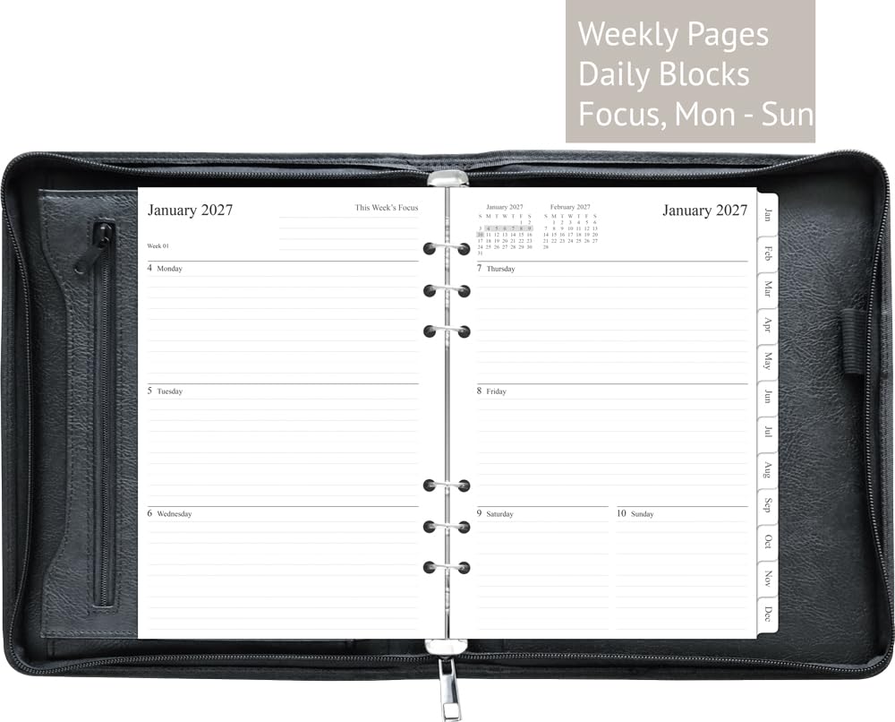 Fan&Ran Agenda 2026 con cremallera, carpeta de 6 anillas con inserciones semanales, tamaño A5, color negro