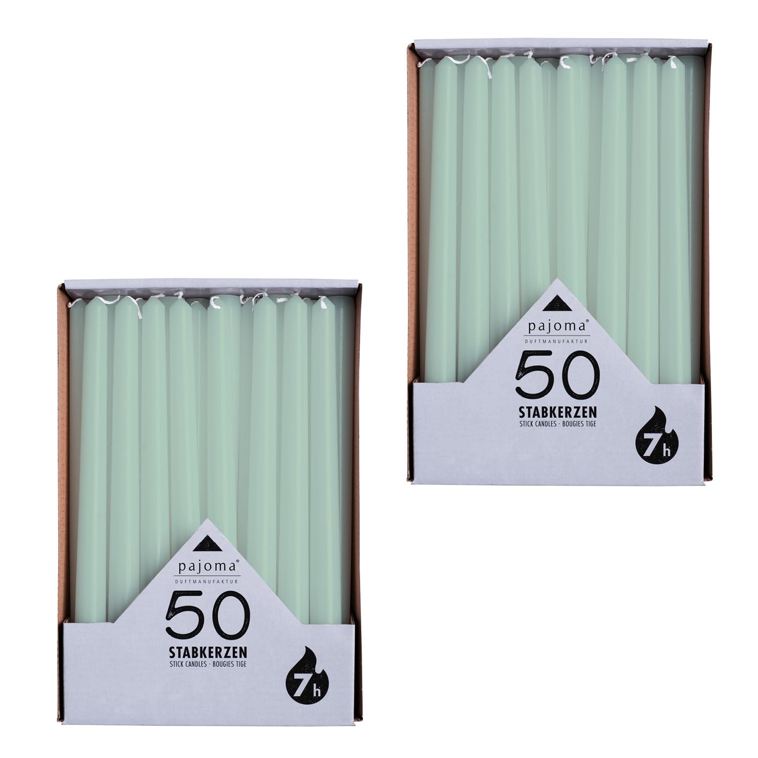 pajoma® Stabkerzen Jadegrün - 2x 50 Stück | Höhe 25 cm, Brenndauer ca. 7 Stunden | Duftfrei, vielseitig einsetzbar für Kerzenhalter, Deko & festliche Anlässe