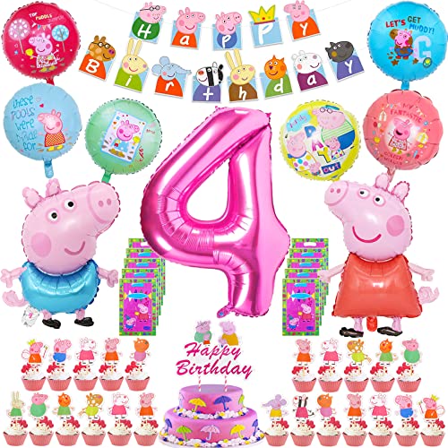 Décoration D'anniversaire Enfants 4 Ans, 9 Ballons de Papier D'aluminium+1 Bannière Joyeux Anniversaire+1 Décoration de Gâteau D'anniversaire+24 Décoration de Gâteaux Muffins+10 Sacs de Bonbons Cover