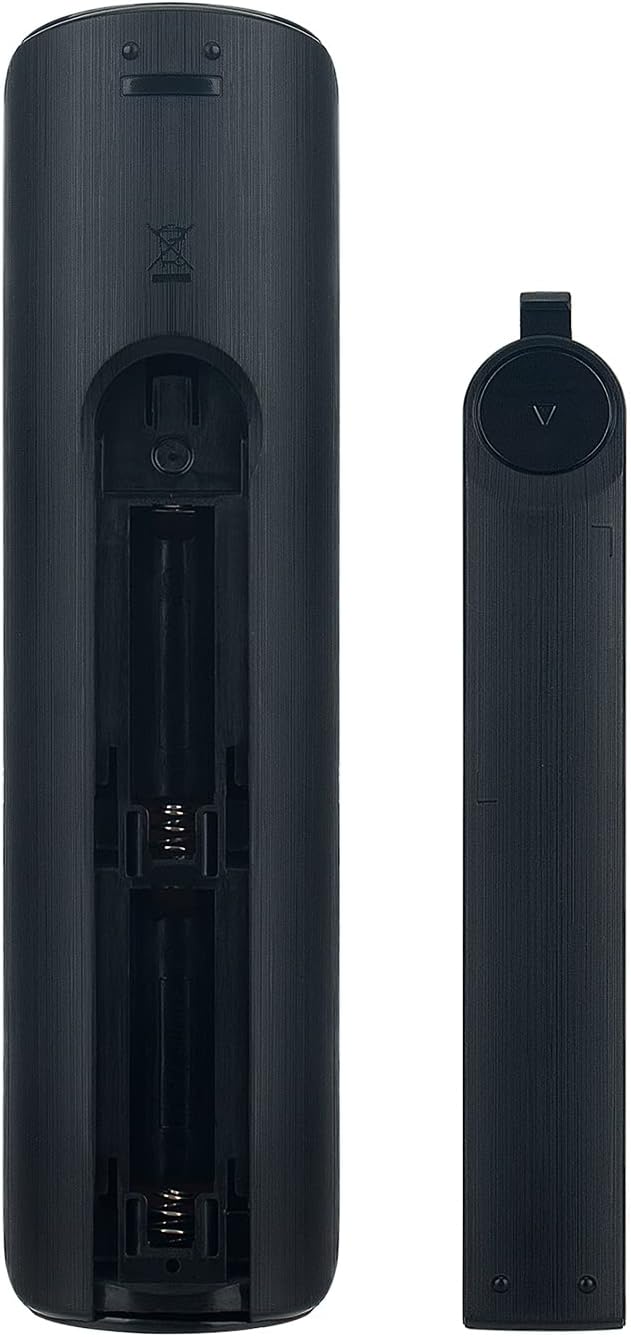 Артка view of the Allimity remote control with the battery compartment open, showing where to insert two AAA batteries.