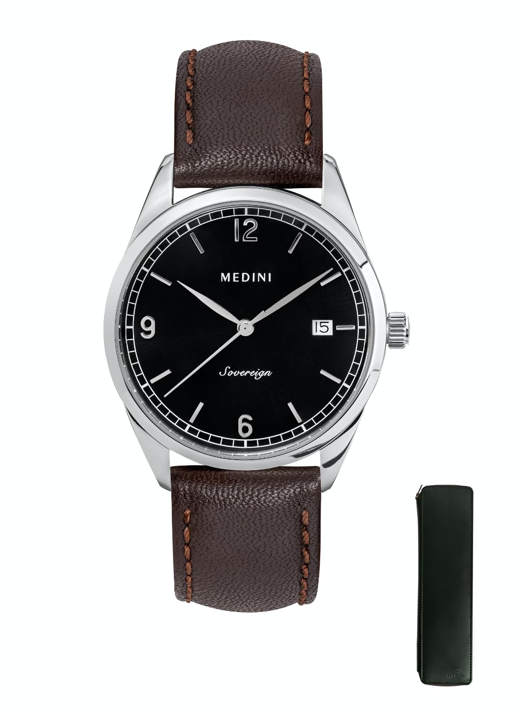 MEDINISovereign Black - AR-Coated Sapphire Crystal Glass, Brown Strap With Green Cover