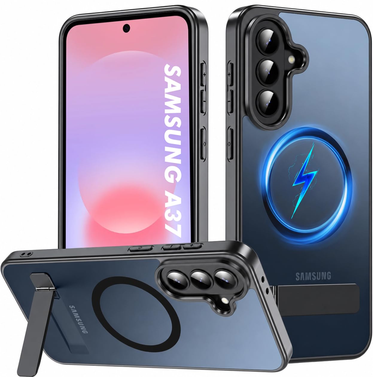 Elzzi MagSafe Compatible Case for Samsung A37 Translucent Matte Bottom Kickstand Shockproof Slim Anti-Fingerprint Magnetic Hybrid Protective Cover - Black-image-0