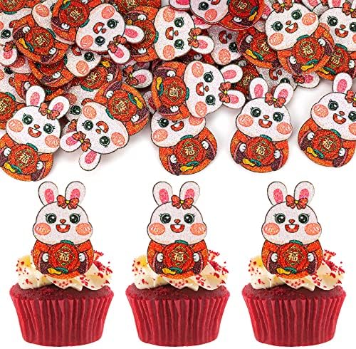 Gyufise 24Pcs Chinese Happy New Year Cupcake Toppers 2023 New Year FU Rabbit Cupcake Picks Rabbit Year Party Spring Festival Party Decorations Supplies