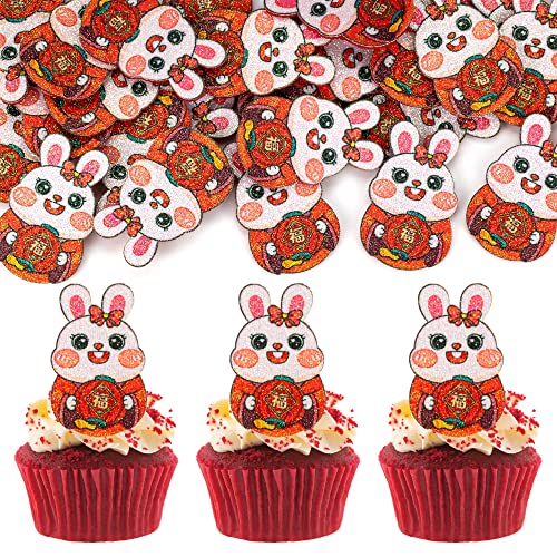 Gyufise 24Pcs Chinese Happy New Year Cupcake Toppers 2023 New Year Fu Rabbit Cupcake Picks Rabbit Year Party Spring Festival Party Decorations Supplies #TOP4