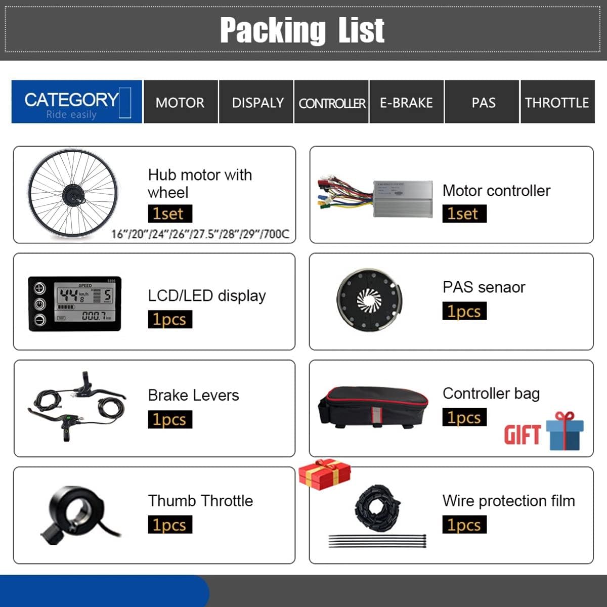 Image showing all components included in the e-bike conversion kit: motor rim, controller, display, throttle, brake levers, PAS sensor, motor adapter cable, cable ties, plastic coil, and controller box.