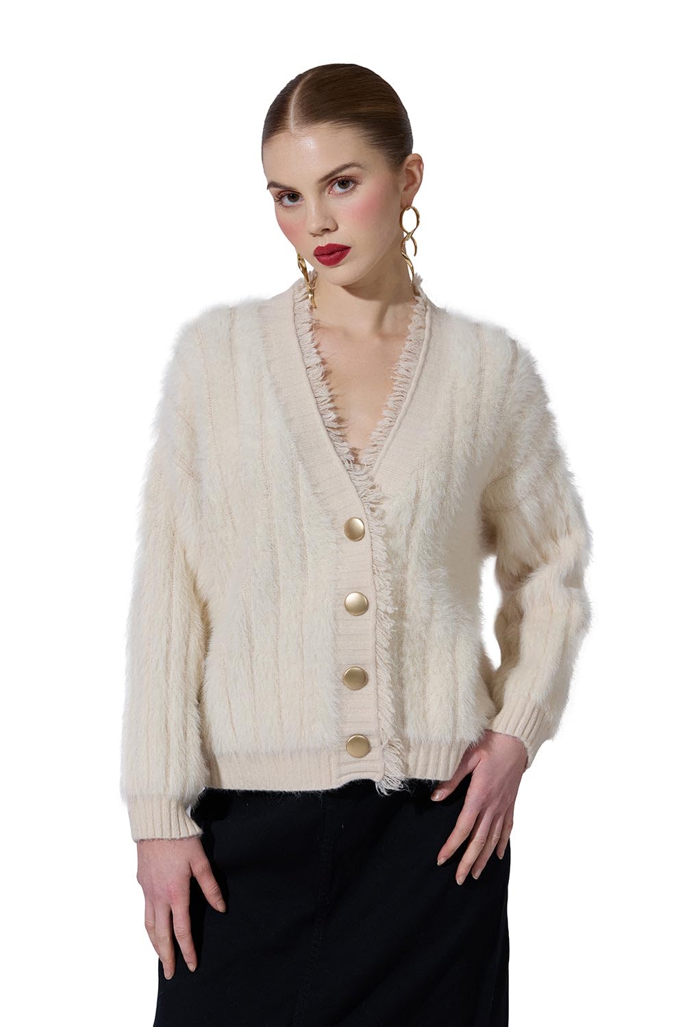 Edition Women's Cream Fringed V-Neck Fuzzy Sweater-CHN-611_Cream-P-image-28