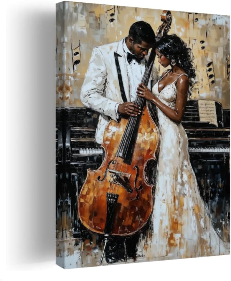 CCWORKERRY Black Jazz Canvas Wall Art Abstract Music Painting African American Woman Portrait Musical Theme Pictures Bedroom Living Room Decor Frame(Black,12L x 18W)