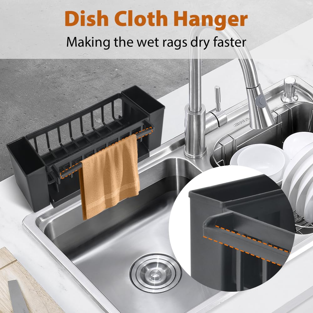 TOKPLNU Kitchen Sink Organiser with Dishcloth Hanger& Brush Holder,Soap and Sponge Holder for Kitchen Caddy Sink Tidy Storage Rack Washing Up Utensil Caddy for Bathroom,Black - Image 4