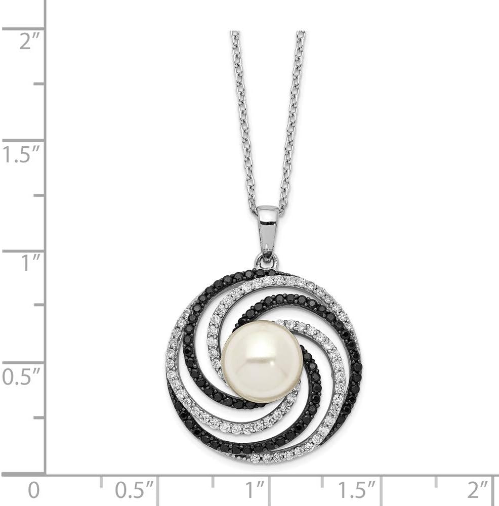 Chain Necklace White Sterling Silver Cable with pendant Shell Bead Pearls Round Cubic Zirconia CZ Multi-color 17 in 24.5 mm