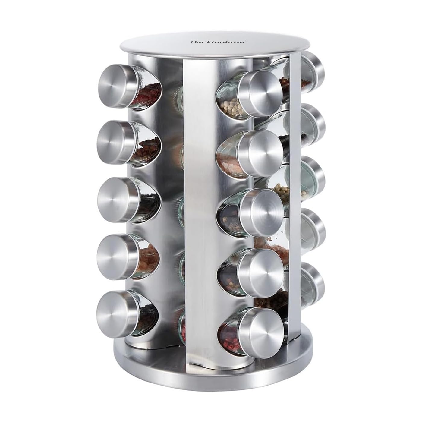 Buckingham Silver Stainless Steel Rotating Spice & Herb Rack Including Glass Jars, Carousel Organizer For Kitchen Spice And Herbs (20 Jars)