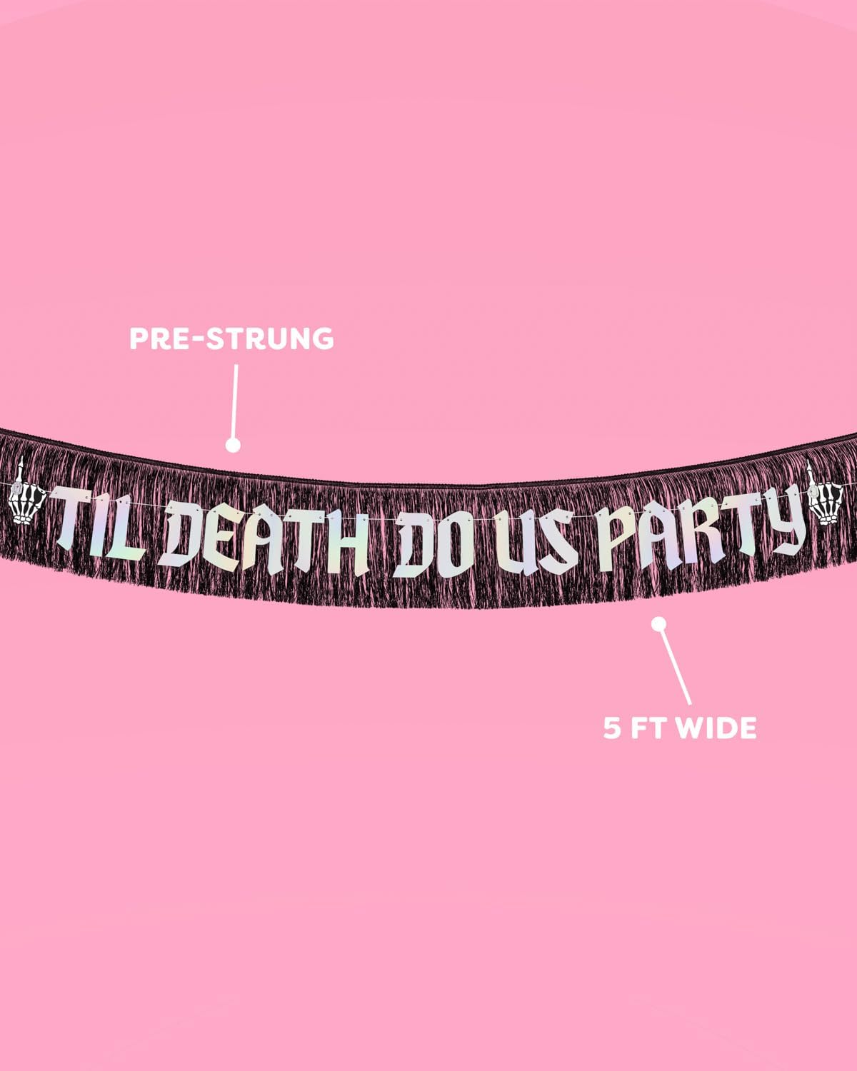 xo, Fetti Til Death Do Us Party Fringe Banner - Black + Iridescent, 5 Ft. | Bachelorette Party Decorations, Halloween Birthday, Bridal Shower Decor, Bride to Be, Gothic Wedding, Bride Or Die Emo Favor