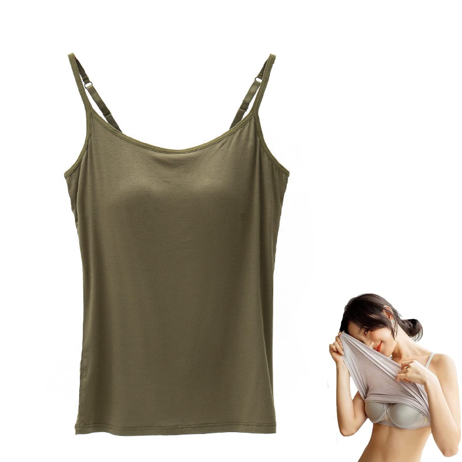 MasterUnion Women Cotton Camisole with Shelf Bra-2 In 1 Camisoles Tank with Built-in Bra -Camisole Tanks Built-in Bra Adjustable Spaghetti- Jersey Camisole-XL,Green