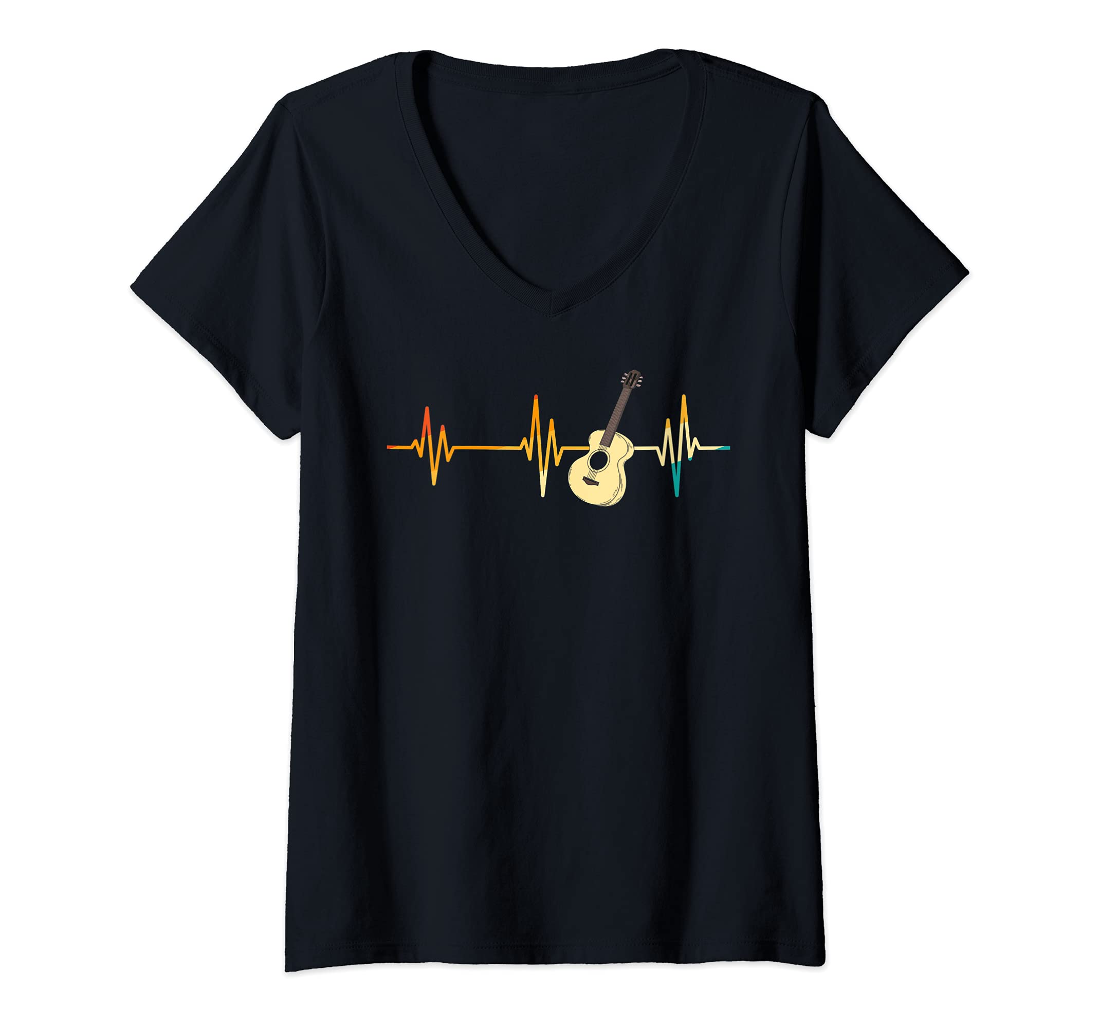 Womens Acoustic Guitarist Heartbeat Musician Guitar Player Guitar V-Neck T-Shirt, Black