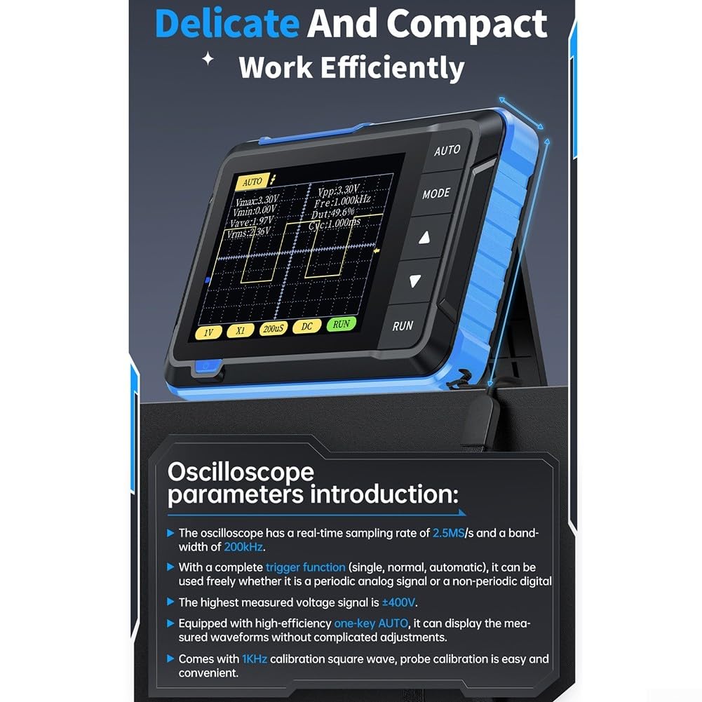 DSO152 Oscilloscopio digitale palmare 200kHz 2.5MSa/s LCD da 2,8", pulsante automatico, ±400V, batteria 1000mAh per istruzione e manutenzione, blu (alto)
