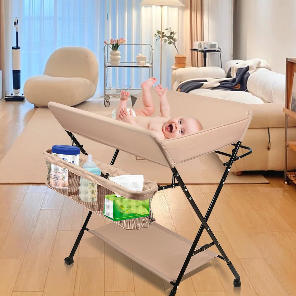 Cambiador Plegable para Niños, Cambiador bebe Plegable con cinturón de seguridad y compartimentos de almacenamiento (Rosa claro)