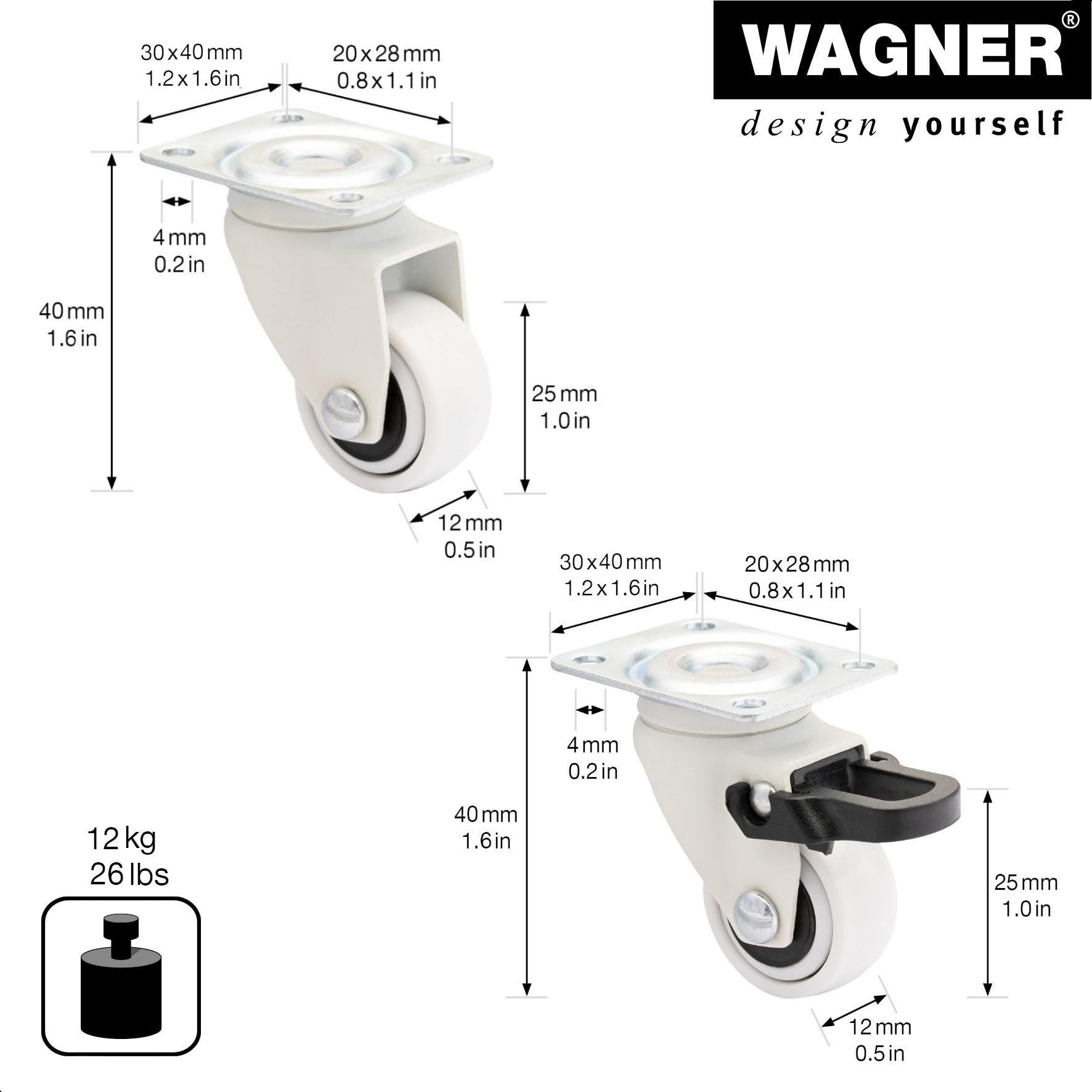WAGNER Design - 3C - Möbelrollen 4tlg. - weiß, Softlauffläche, Durchmesser Ø 25 mm, Bauhöhe 40 mm, je 2 Rollen mit & ohne Feststeller, Anschraubplatte 30 x 40 mm, Tragkraft 12 kg/Rolle - 02222604