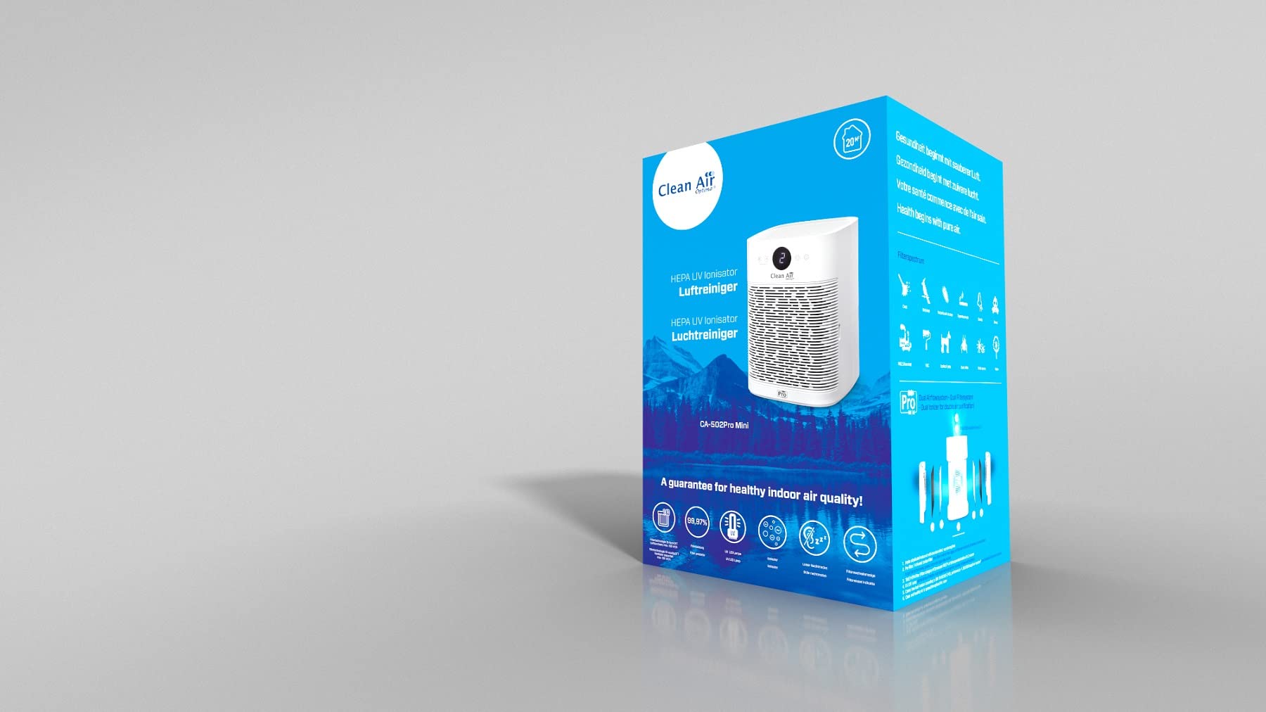 Clean Air Optima CA-502Pro Mini Purificatore d'aria con 2 filtri TRUE Hepa H13,2 x Filtro al carbonio attivo, lampada LED UV-C, spazi fino a 20m²/40m³, Bianco