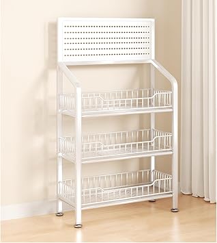 3 Tier Supermarket Snack Display Shelf White, Floor-Standing Potato Chip Snack Storage Stand with 4 Feetmats & 15 Hooks, Counter Kitchen Retail Holder