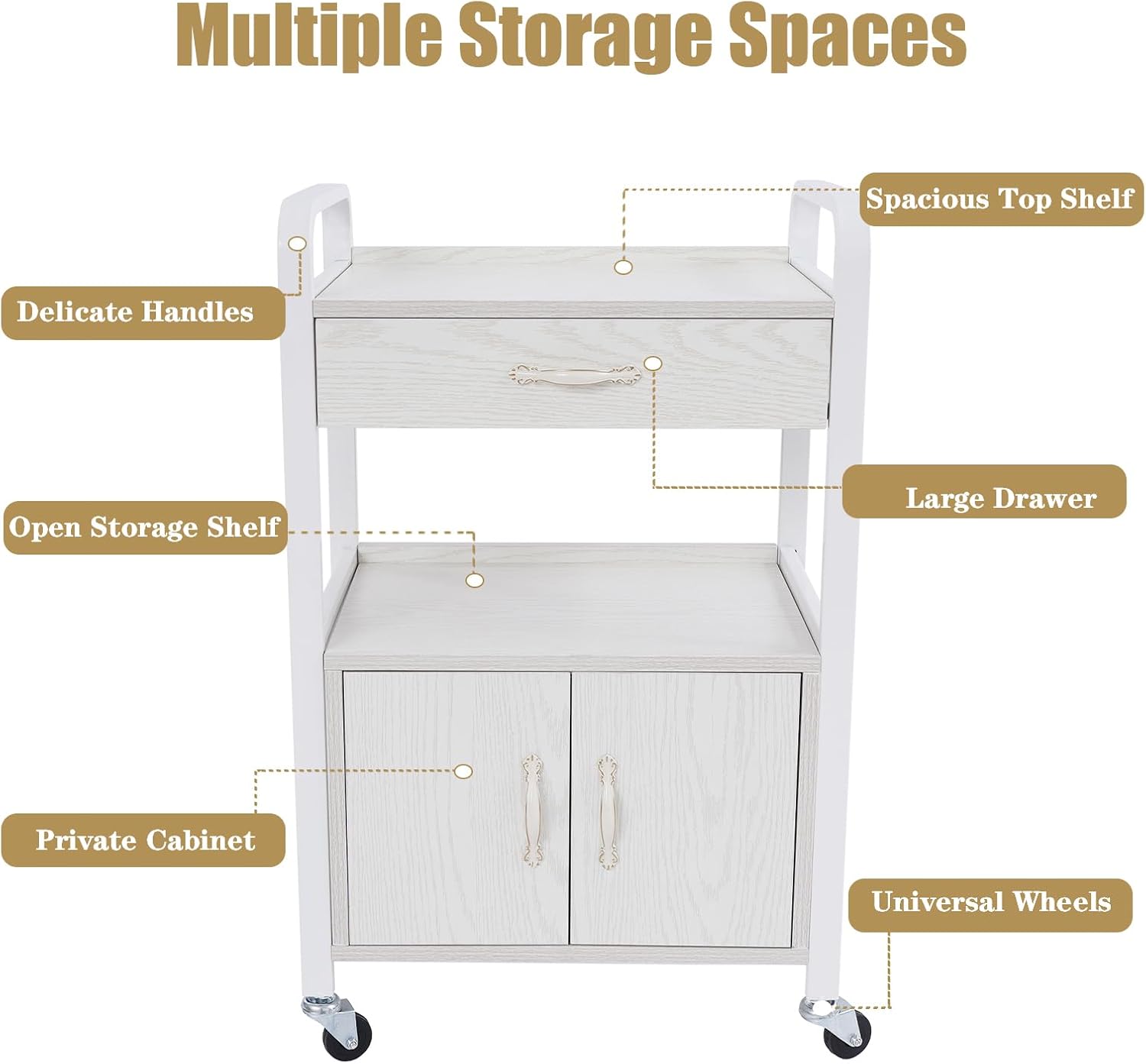 Beauty Salon Storage Trolley Cart | Spa Free Standing Storage Cabinet | Beauty Salon Storage Cabinet Side Table | With 4 Wheels | 1-Drawer | 1 Cabinet | 2 Shelving Boards (White)