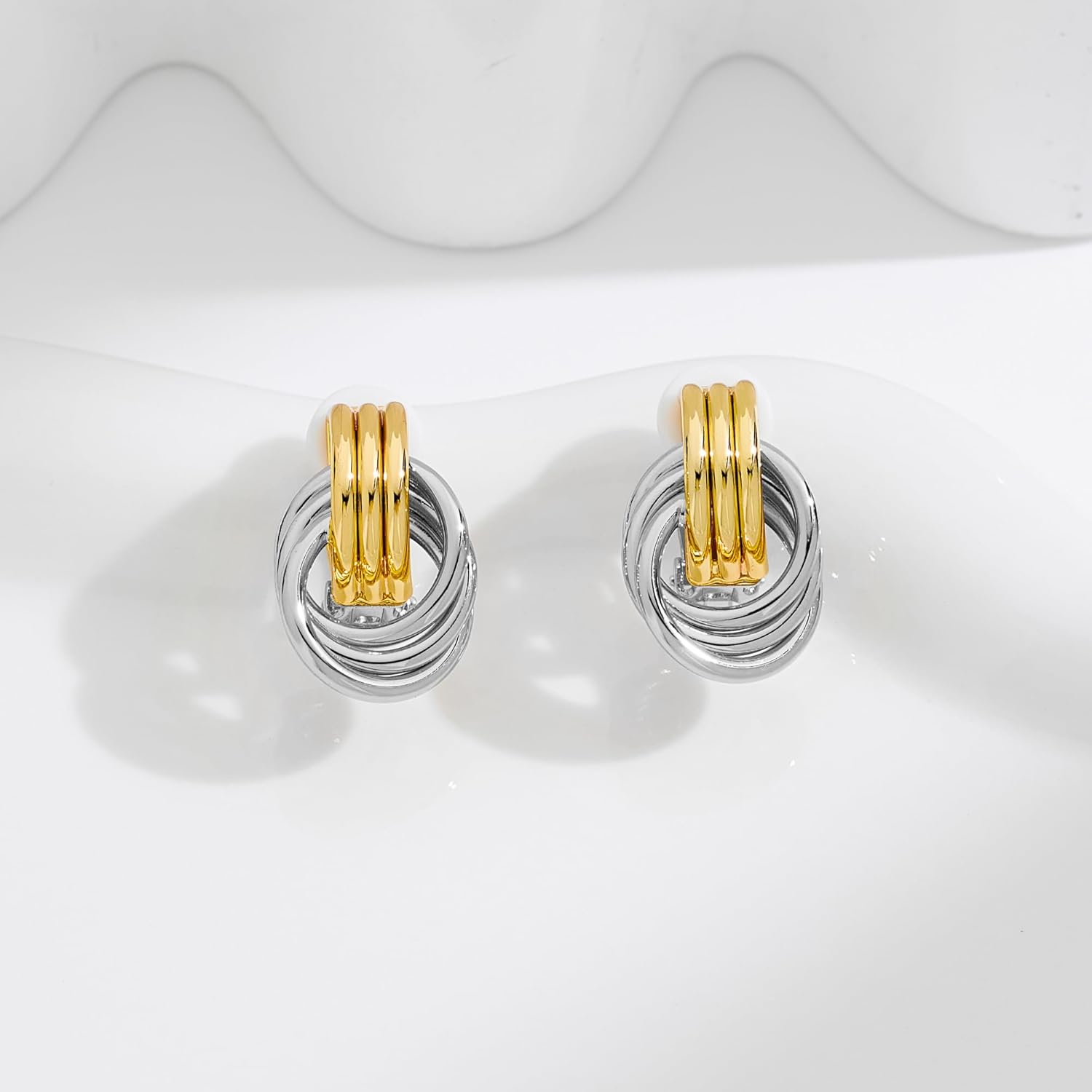 Two Tone Clip On Earrings for Women Statement Gold Silver Small Twisted Knot Clip On Earrings - Image 5