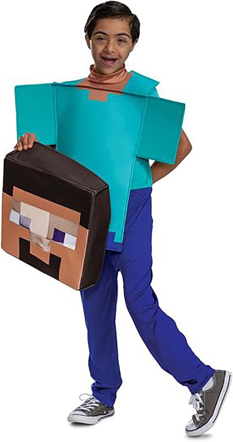 Steve Costume for Kids, Official Adaptive Minecraft Costume Jumpsuit and Head, Child Size Large (10-12)