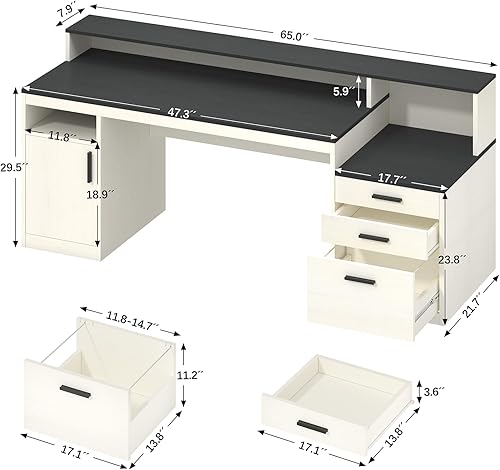 Miniatura 2 de Escritorio para computadora de 65 pulgadas con 3 cajones y estantes de almacenamiento, escritorio ejecutivo con cajón de archivos y gabinete,