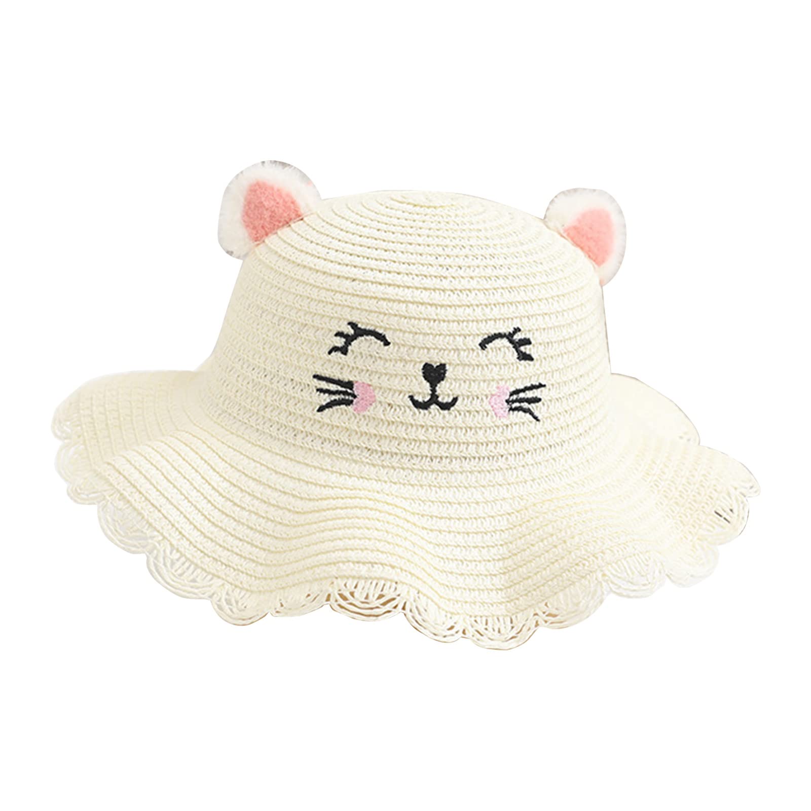 Joli chapeau de paille pour enfants, chapeau en forme d'oreille de chat, visage souriant, chapeau de paille à large bord pour filles avec sac assorti en forme d'oreille avec sac assorti