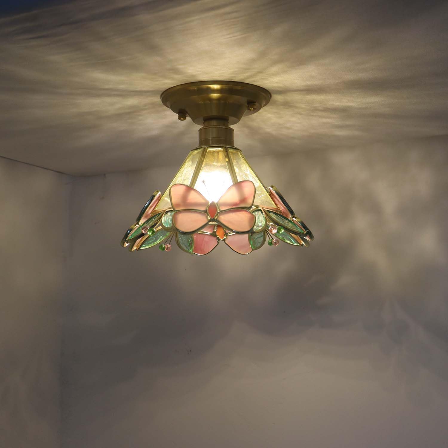Bieye L10998 Butterfly Flower Tiffany Style Stained Glass Close to Ceiling Light Fixture (Pink, 8.6-inch Wide)