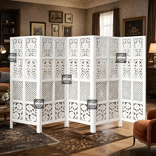 Image of Wooden Room Divider Screen, Carved,Decorative Handcrafted Privacy Screen Separator Wall Divider | Folding Partition with Floral & Jaali Design (White, 5ft-5 Panel White)