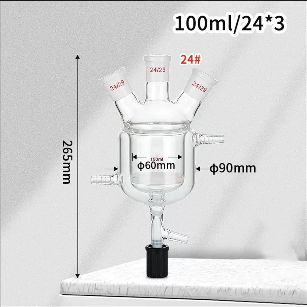Sprzęt laboratoryjny i wyposażenie laboratoryjne, 100-2000 ml, szkło borokrzemowe, trzyustna butelka reaktorowa z tłokiem próżniowym (500 ml, 24 x 29 x 24)