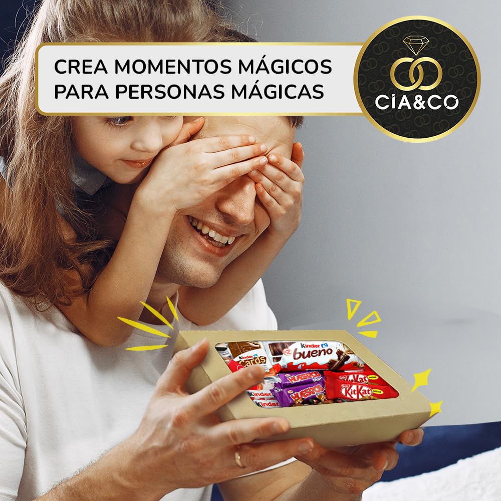 Cajita Regalo Original con 17 Chocolates Kinder Bueno, Cards, Kinder Chocolate, Twix, Mars, Kit Kat, Huesitos, Galleta Lotus Biscoff y Mucho Más · Día de la Madre · Con Tarjeta y Texto Personalizada