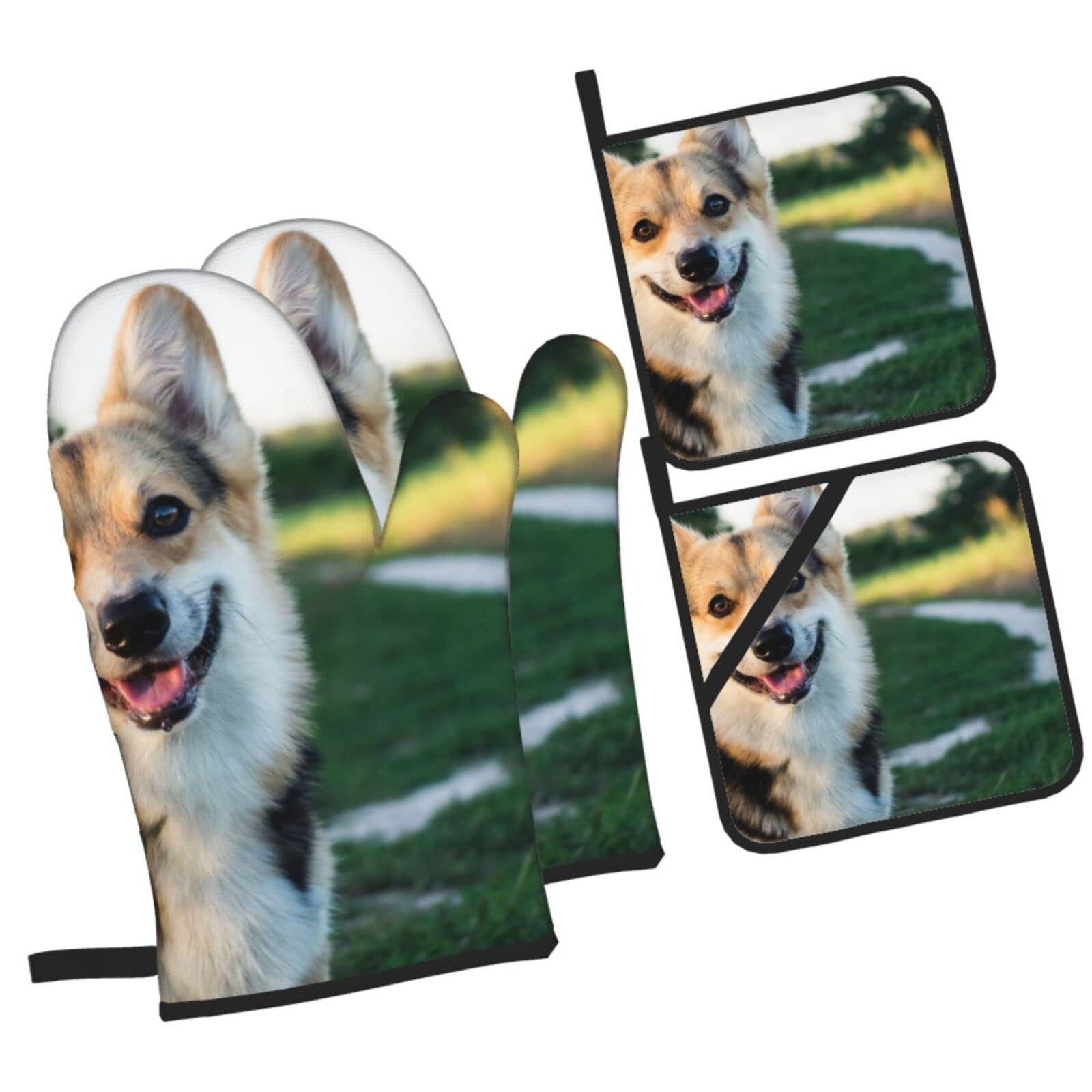Purebred Corgi Oven Mitts and Pot Holders Sets, Christmas Oven Mitt Kitchen Heat Resistant Non-Slip Pot Holders Set for Cooking Baking BBQ