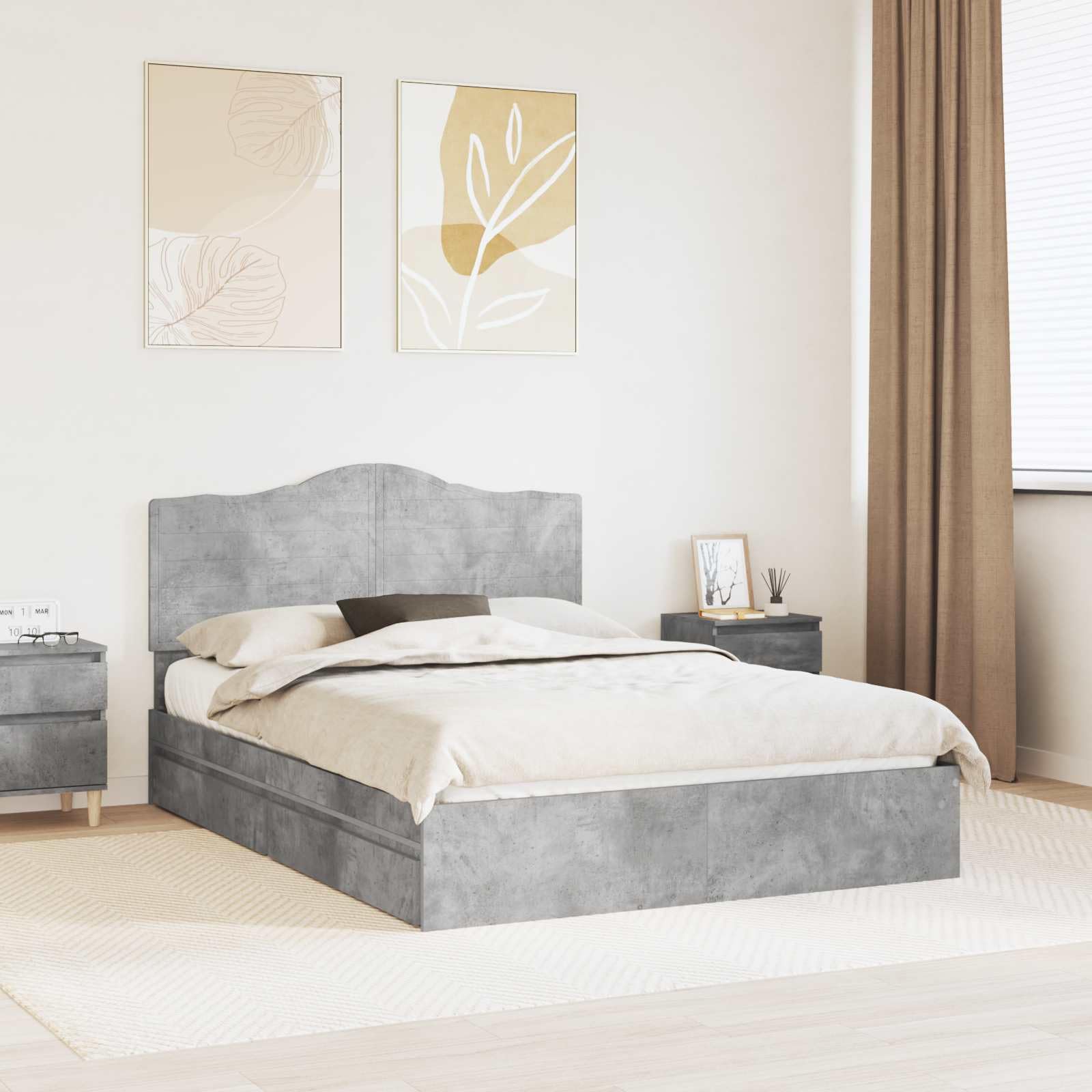 vidaXL Storage Bed Concrete Grey 150 x 200 cm Engineered Wood, Modern, Rectangular Bed Frame for Stylish Sleeping Space, Durable Engineered Wood Platform, Customized Width Solution
