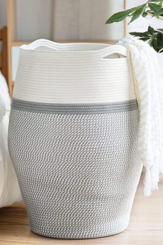 Image of GRATIFY Large Woven Rope Laundry Basket, 80 L Tall Dirty Clothes Hamper with Handles Storage Blankets, Toy for Bedroom, Living Room (Mix Grey White 1 Pcs)