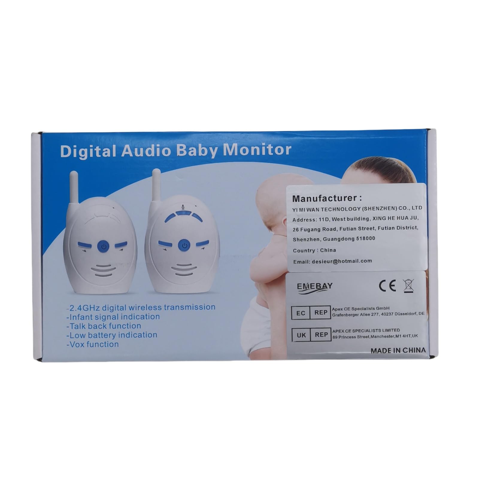 EMEBAY – monitor audio dla niemowląt, 2,4 GHz cyfrowy dźwięk i dźwięk niania niania zasilany adapterem AC lub bateriami AAA (brak w zestawie)